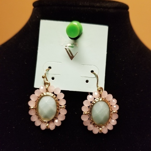 Earrings Aqua Gem Stone And Pink Beads - Picture 2 of 3